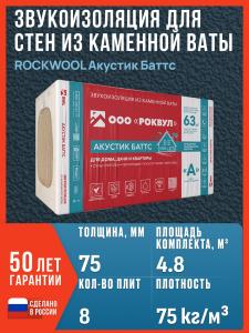 Звукоизоляция для стен из каменной ваты ROCKWOOL Акустик Баттс, 1000 х 600 х 75 мм, 8 плит, 4.8 м2