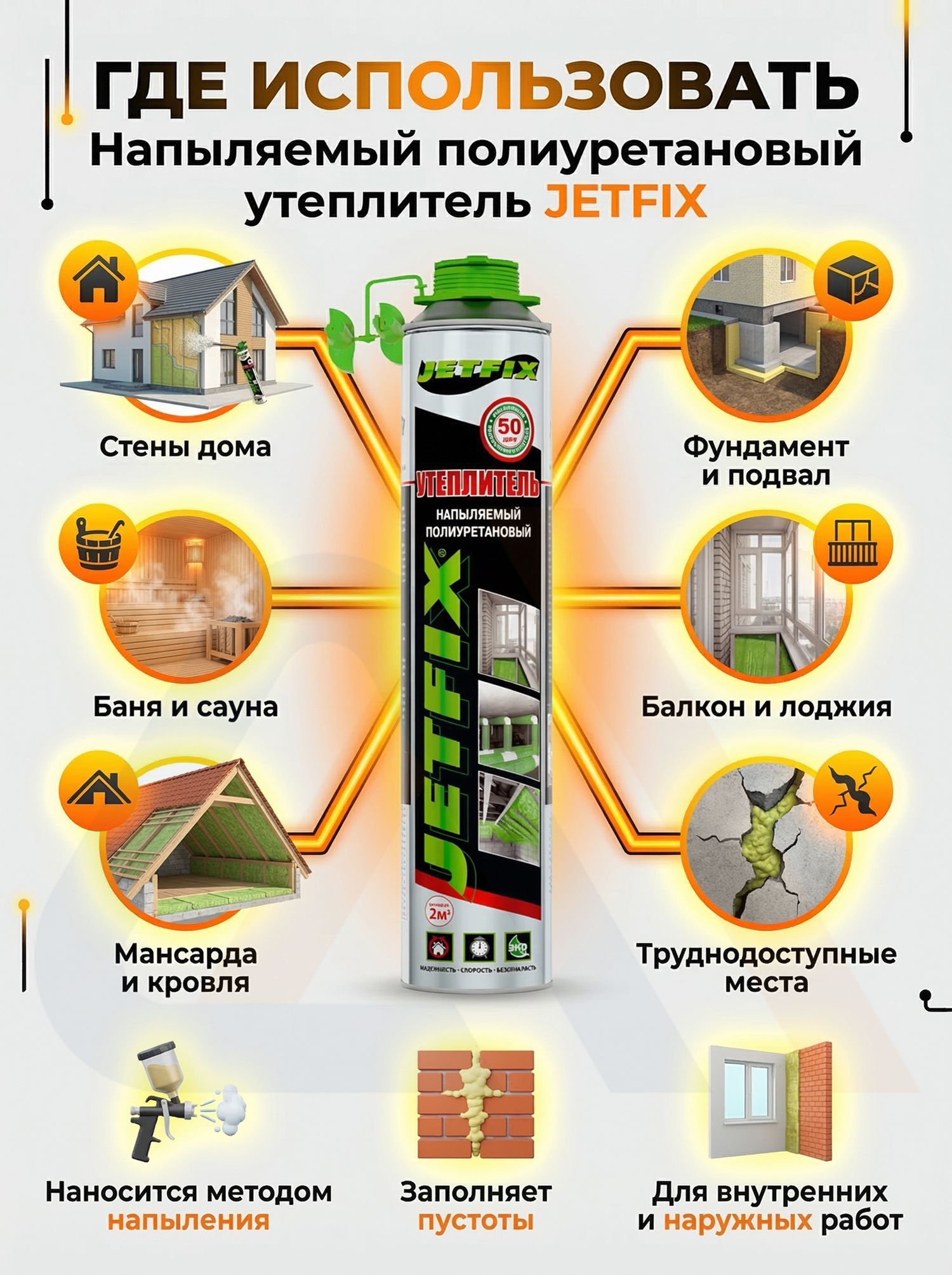 Напыляемый утеплитель JETFIX, 750 мл, 12 шт.