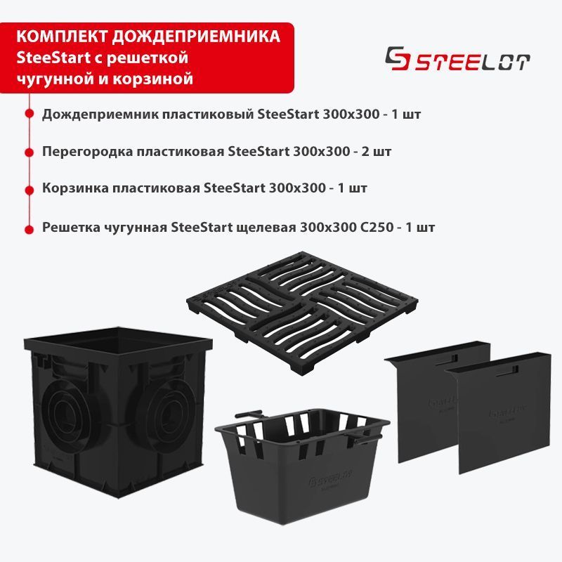 Дождеприемник пластиковый SteeStart 300х300 с чугунной щелевой решеткой класса С250, комплект