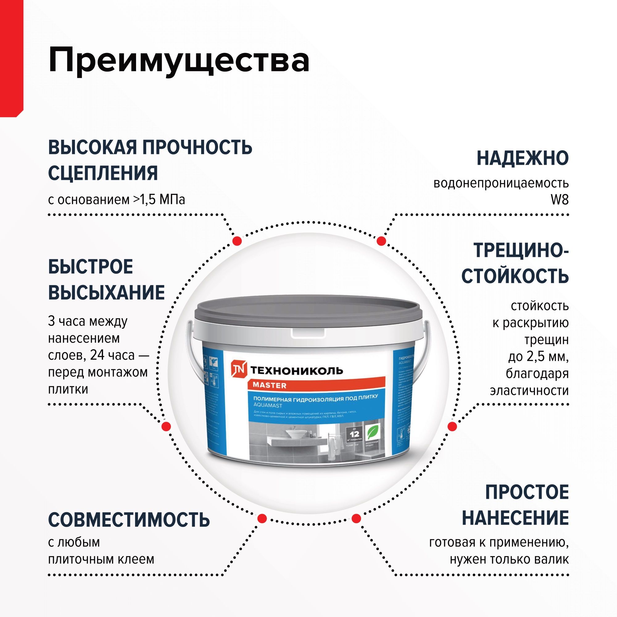Гидроизоляция полимерная ТехноНиколь AquaMast 14 кг под плитку ванной душа пола стен эластичная мастика расход 1.5 кг/м2