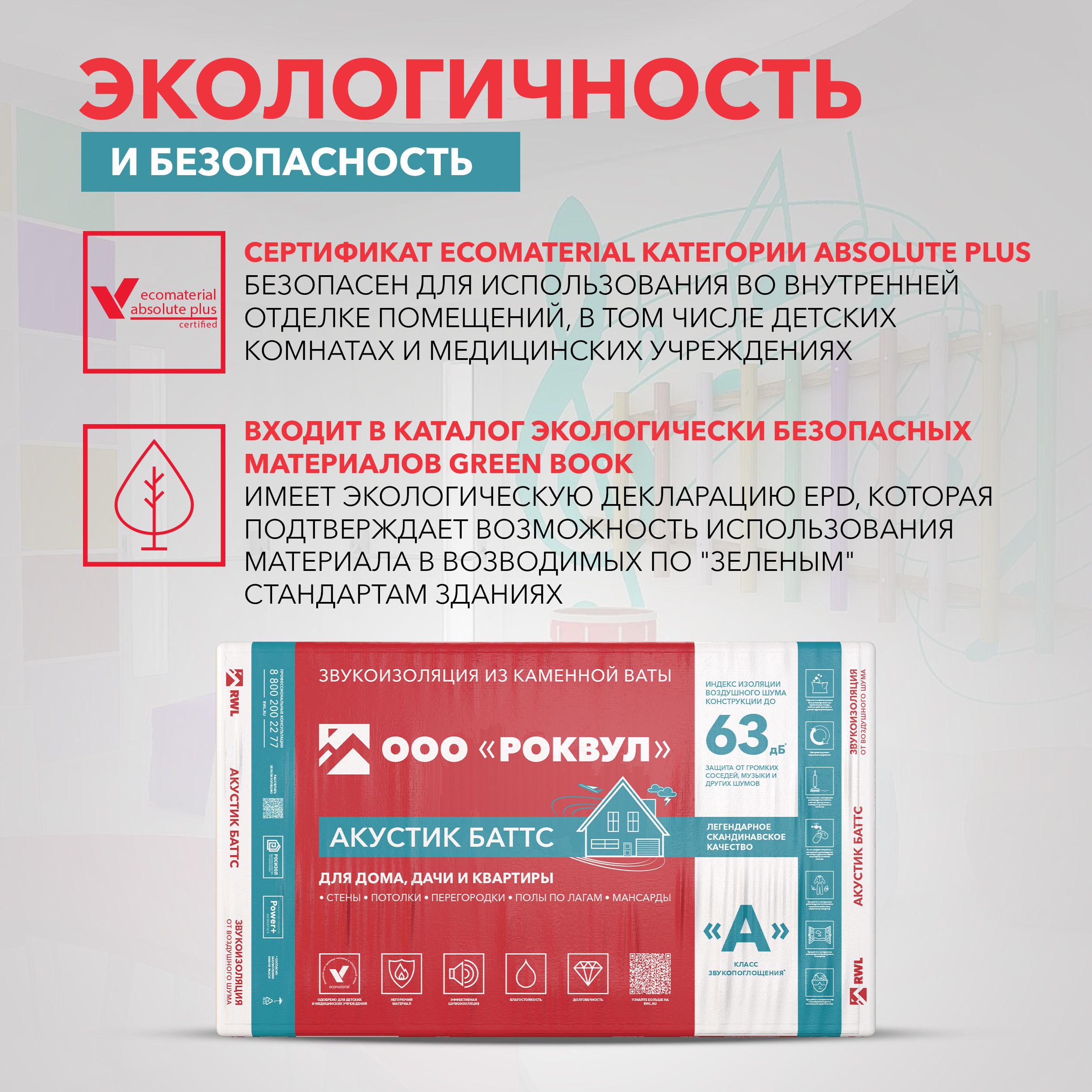 Звукоизоляция для стен из каменной ваты ROCKWOOL Акустик Баттс, 1000 х 600 х 75 мм, 8 плит, 4.8 м2