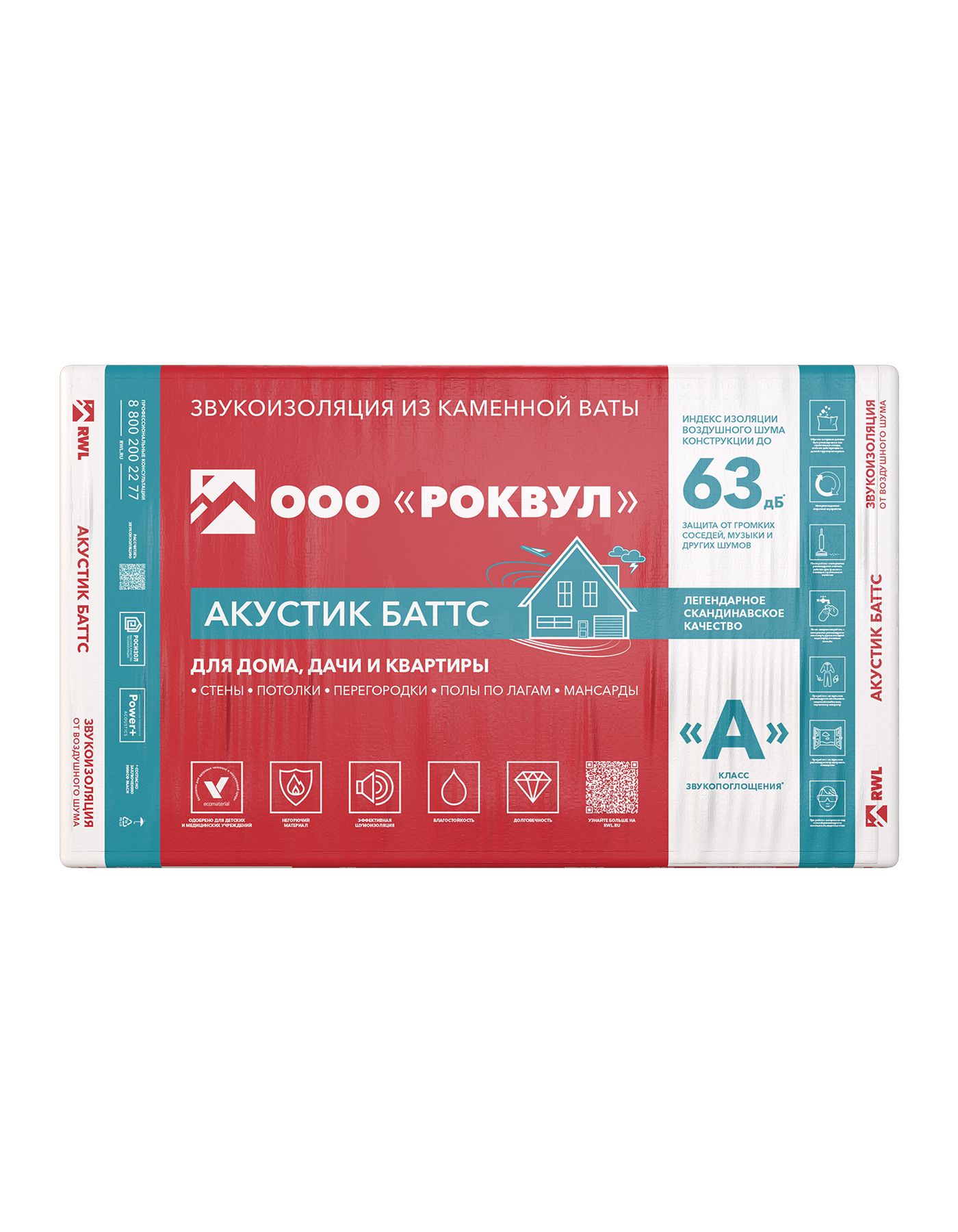 Звукоизоляция для стен из каменной ваты ROCKWOOL Акустик Баттс, 1000 х 600 х 75 мм, 8 плит, 4.8 м2