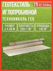 Геотекстиль иглопробивной термофиксированный ТЕХНОНИКОЛЬ ГЕО 200, 2мх50м, 100 м2