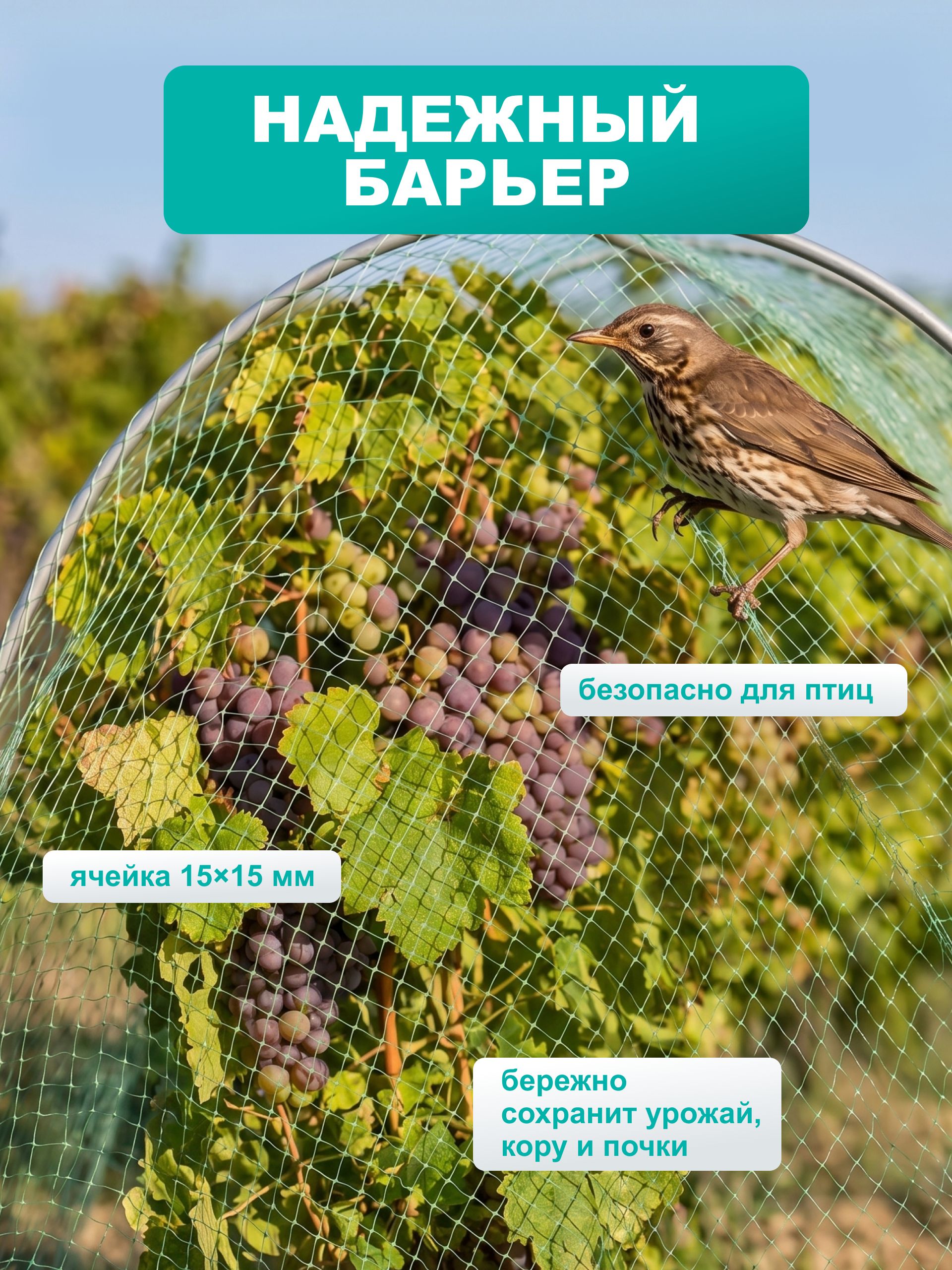 Сетка садовая от птиц 2*10 м, защитная сетка для клубники, вишни и ягодников, ячейка 15*15 мм