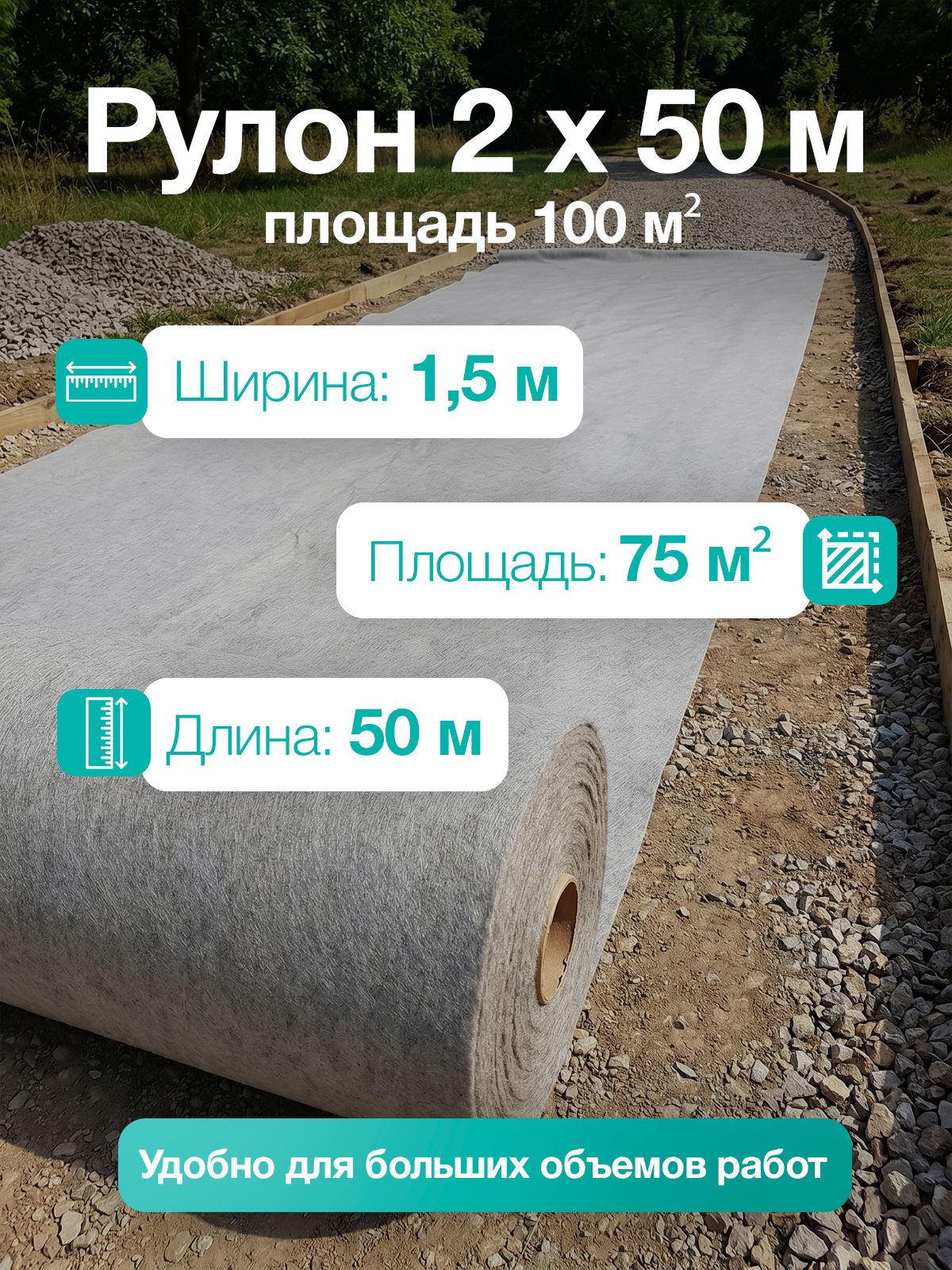 Геотекстиль 300 иглопробивной 75 м2 1,5 х 50м