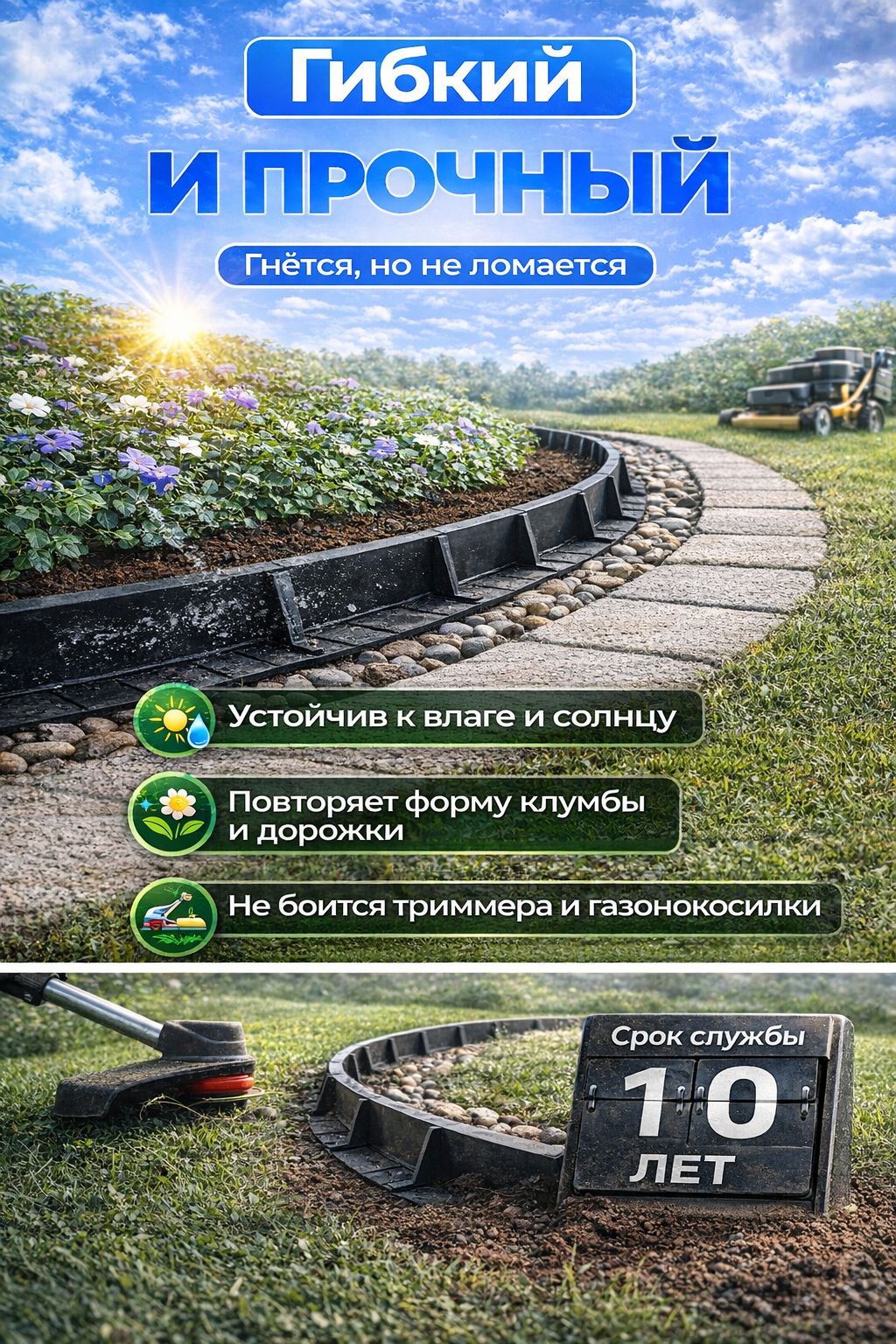Бордюр садовый пластиковый для клумб ADVAPLAST, высота 45мм, черный, 8 м