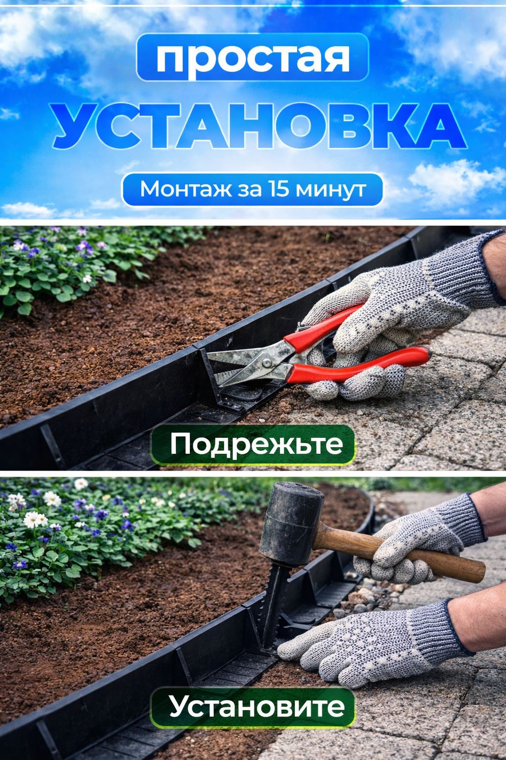 Бордюр садовый пластиковый для клумб ADVAPLAST, высота 45мм, черный, 8 м