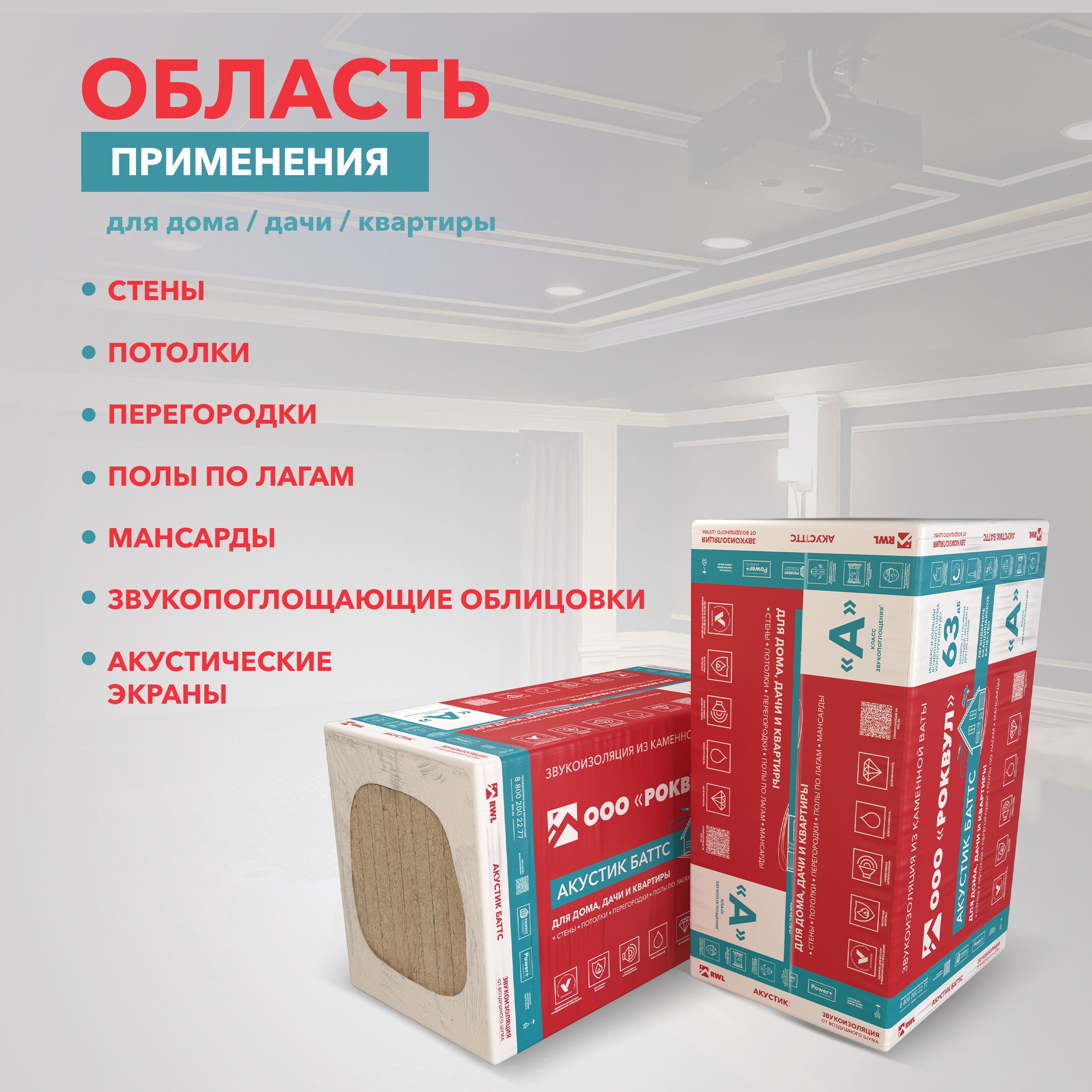 Звукоизоляция для стен из каменной ваты ROCKWOOL Акустик Баттс, 1000 х 600 х 75 мм, 8 плит, 4.8 м2
